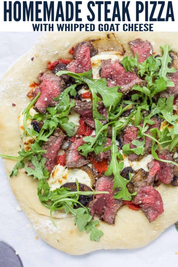 Pinterest figure for homemade steak pizza with whipped goat cheese