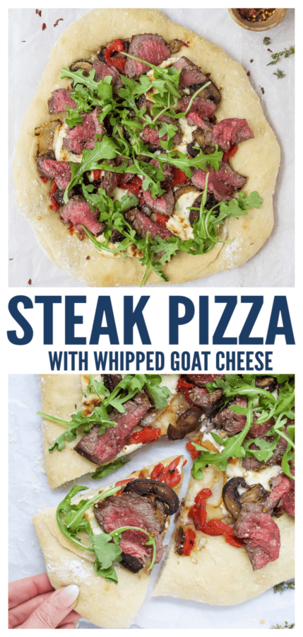 pinterest image for Homemade Steak Pizza With Whipped Goat Cheese