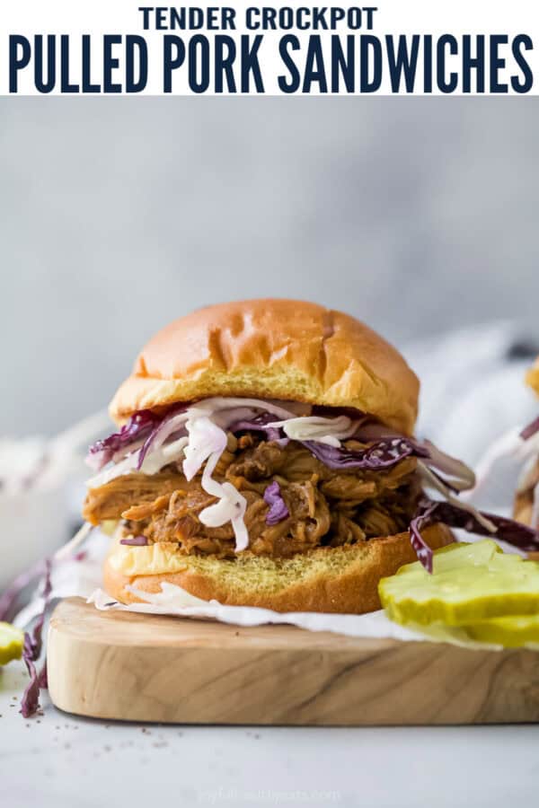 pinterest image for Honey Balsamic Pulled Pork Sandwiches With Creamy Coleslaw