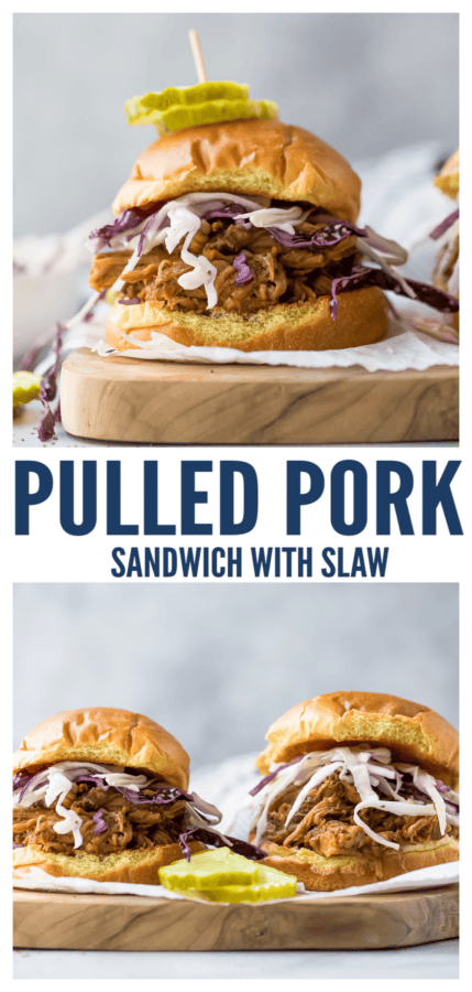 pinterest image for Honey Balsamic Pulled Pork Sandwiches With Creamy Coleslaw