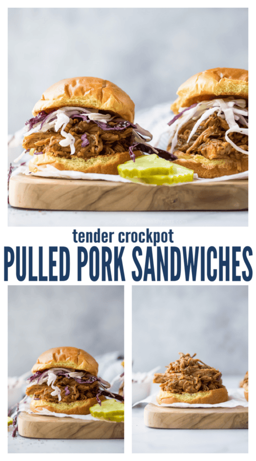 pinterest image for Honey Balsamic Pulled Pork Sandwiches With Creamy Coleslaw